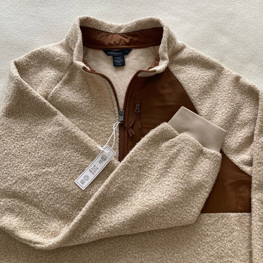 NWOT NorthEnd Mens Aura Sweater Bouclé Fleece Quarter-Zip. #NE713. XL. Tan/Brown